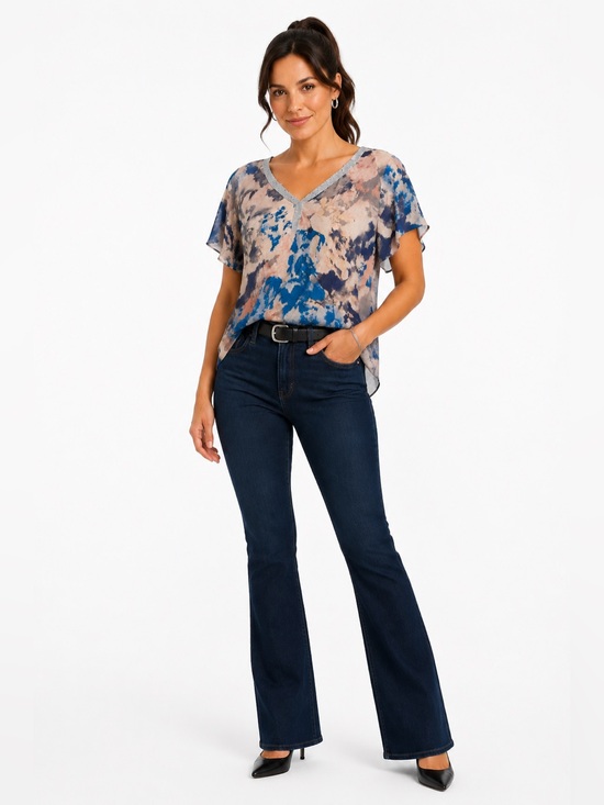 Juicy Couture Tops - Juicy Couture Womens Small Abstract Floral Blouse Sparkle V Neck Pink Blue